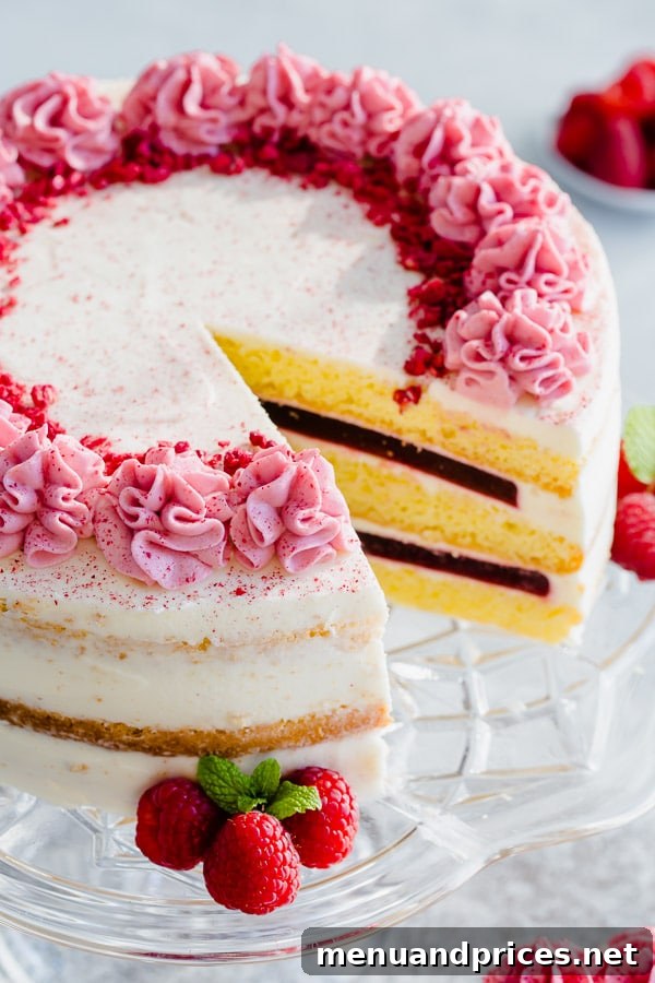 Close-up of a slice of raspberry cake showing the intricate layers of sponge, frosting, and homemade raspberry jello.