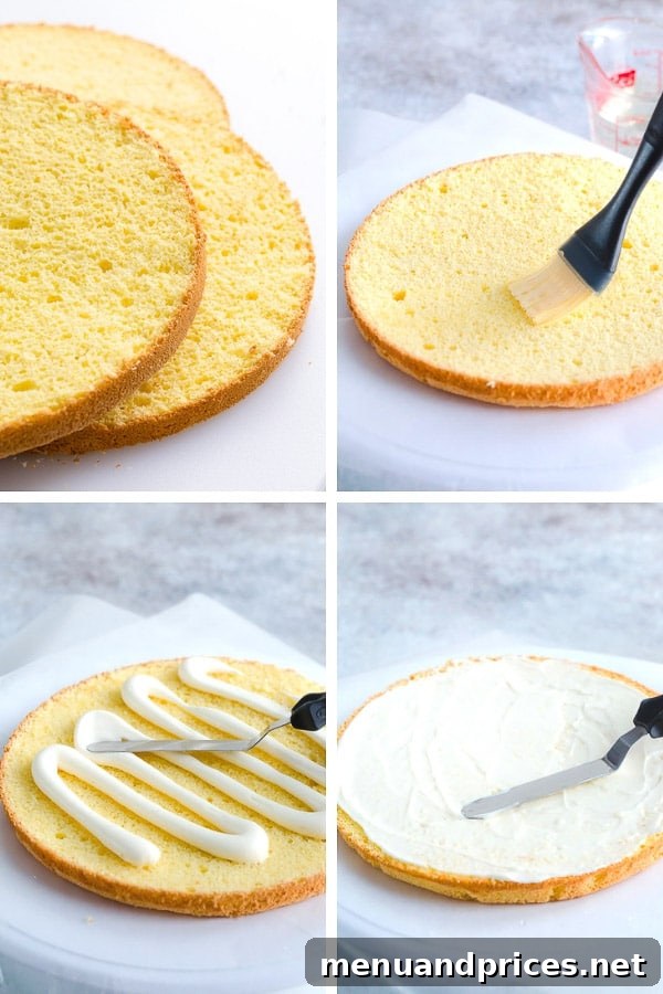 Spreading creamy sweet cream cheese frosting over a delicate sponge cake layer.