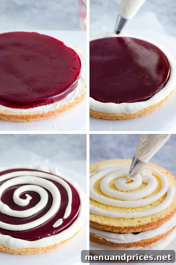 Detailed layering process of the raspberry cake with cream cheese frosting and jello, showing technique.