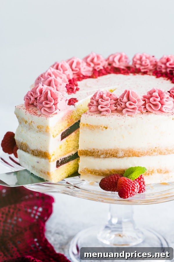 Finished raspberry cake decorated with cream cheese frosting and freeze-dried raspberries, ready to serve.