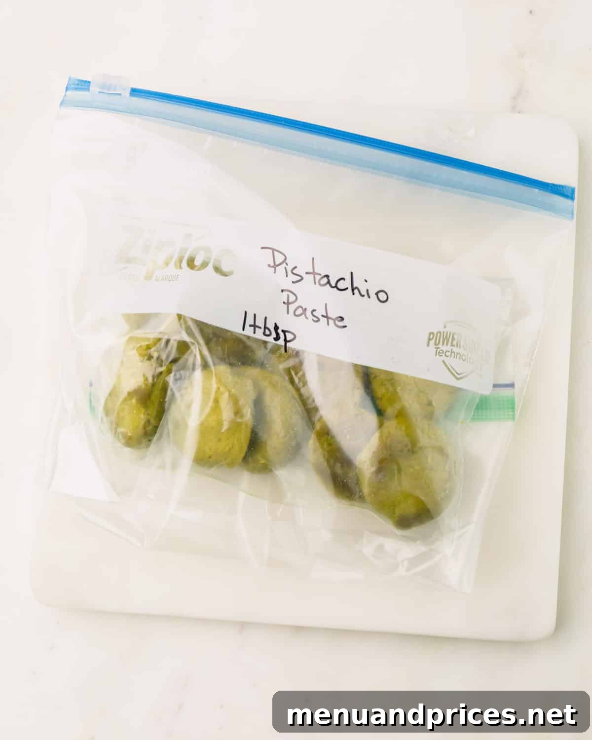 Easy Homemade Pistachio Paste Recipe 11 Frozen discs of pistachio paste stored in a ziptop freezer bag, ready for long-term storage.