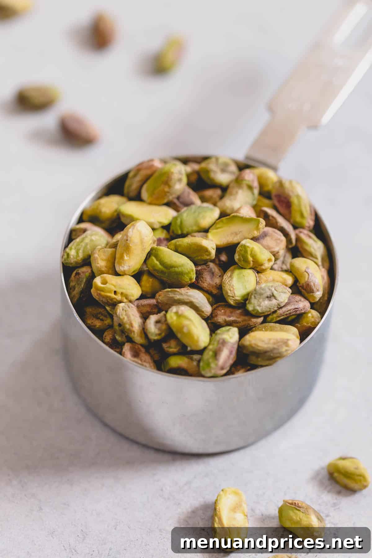Easy Homemade Pistachio Paste Recipe 3 Shelled raw pistachios in a metal measuring cup, showing their natural brown skins.
