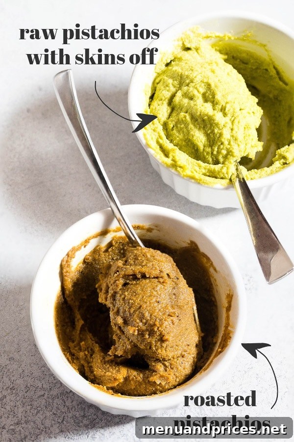 Easy Homemade Pistachio Paste Recipe 5 Two bowls of pistachio paste; one is bright green from blanched and peeled pistachios, the other is brown from roasted, unpeeled pistachios.
