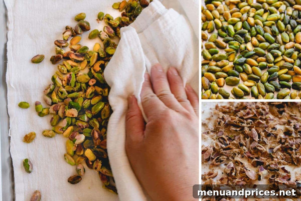 Easy Homemade Pistachio Paste Recipe 7 Three images showing the process of peeling blanched pistachios on a white towel, revealing the green kernels.