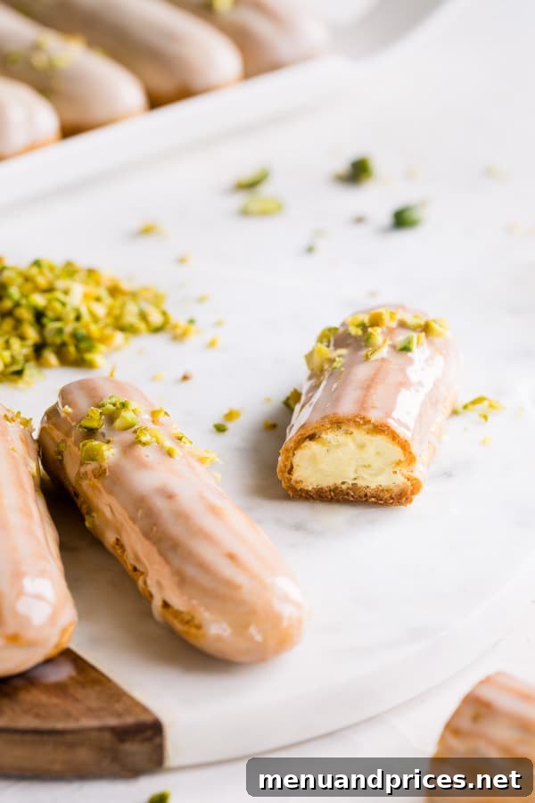 Decadent Pistachio Eclairs 5 Baked choux pastry shells cooling on a wire rack, perfectly golden and puffed.