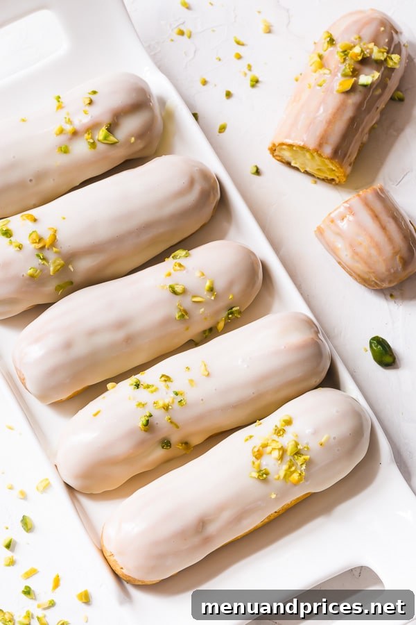 Decadent Pistachio Eclairs 7 Close-up of blanched, bright green pistachios, ready for use.