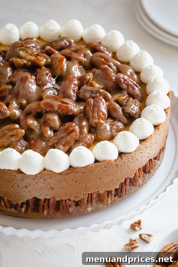 Pecan Praline Cheesecake 3 Close-up of a slice of Pecan Pie Cheesecake showing the creamy filling, nutty crust, and gooey pecan topping.