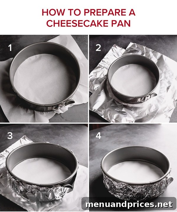 Pecan Praline Cheesecake 4 Step-by-step guide on how to properly prepare a springform pan for baking cheesecake in a water bath.