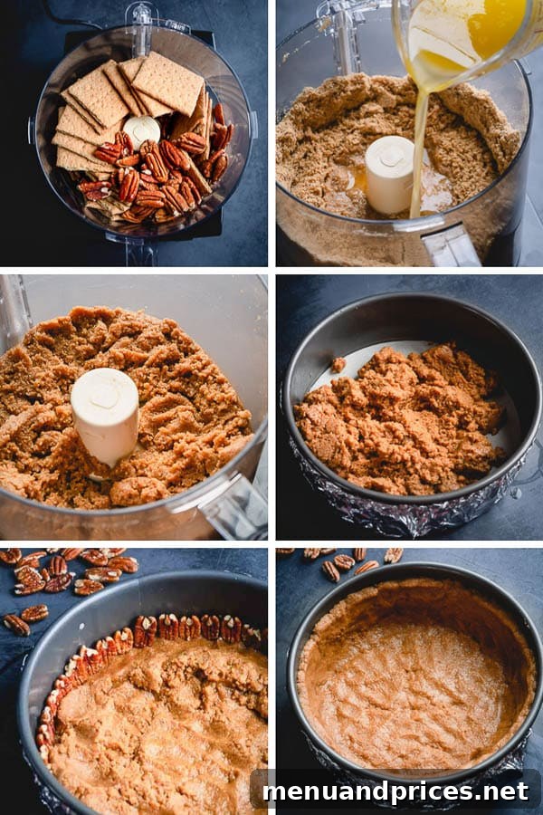 Pecan Praline Cheesecake 5 Instructions on how to make a perfect, tall graham cracker and pecan cheesecake crust.