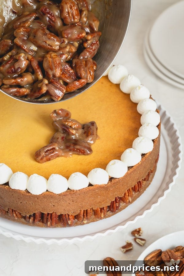 Pecan Praline Cheesecake 8 A beautifully presented Pecan Pie Cheesecake ready for serving, showcasing its rich layers and decadent topping.