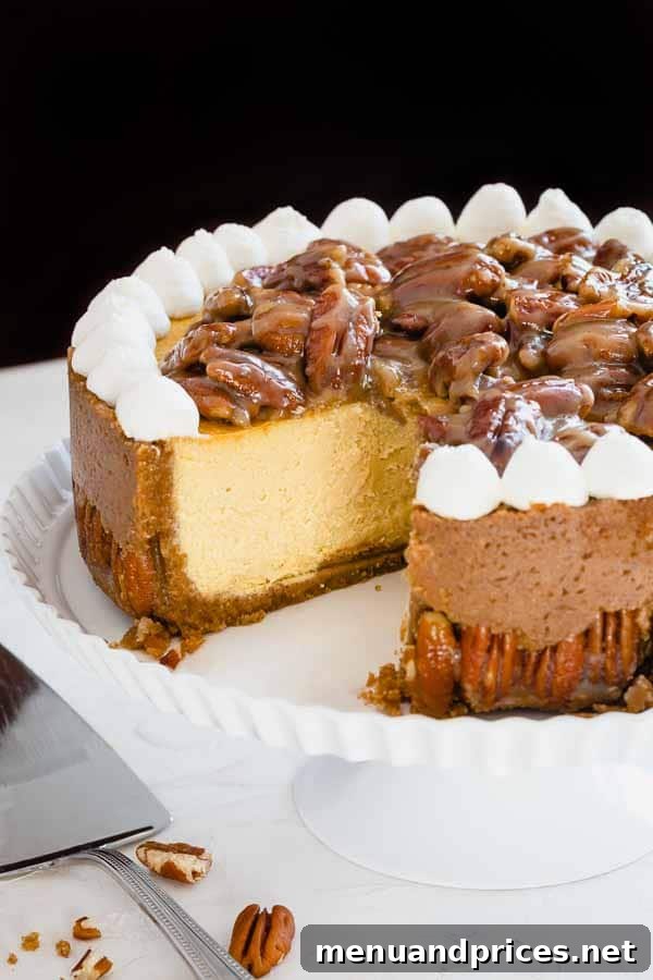 Pecan Praline Cheesecake 9 A close-up of a slice of Pecan Pie Cheesecake, highlighting the thick, creamy filling and the generous pecan topping.