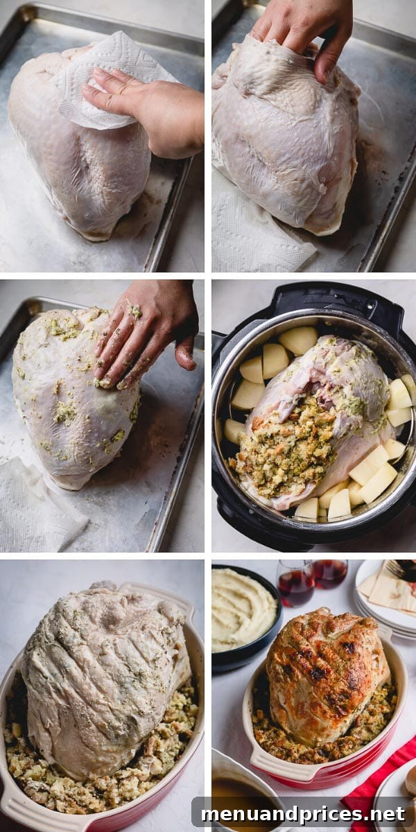 Juicy Instant Pot Turkey Breast with Homestyle Stuffing and Fluffy Mashed Potatoes 5 A collage of six instructional images demonstrating the process of cooking Instant Pot turkey breast with mashed potatoes and stuffing, from preparation to serving.