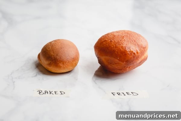 Fluffy Homemade Jelly Doughnuts 11 Comparison of fried vs baked donuts, showing fried ones are puffy and light, while baked ones are denser.