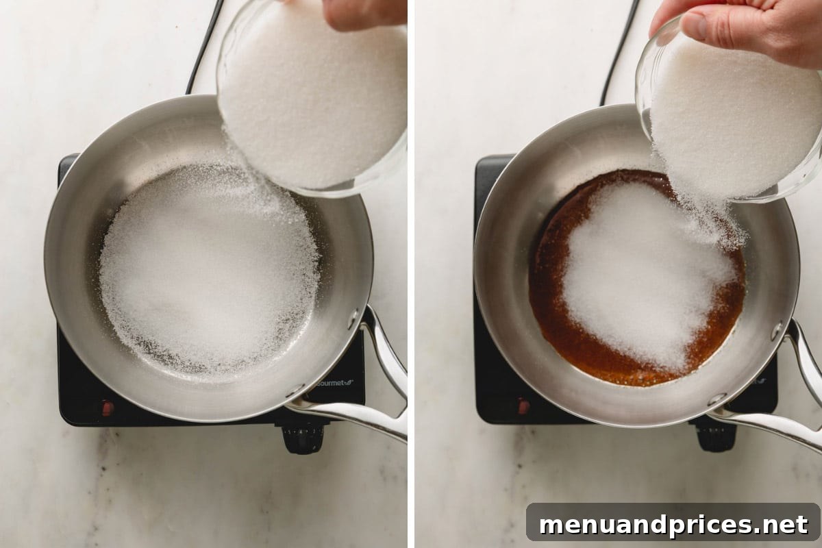Mastering Dry Caramel Sauce 5 Side by side images showing the initial sprinkling of sugar in a saucepan and then sugar starting to melt and turn an even amber color.