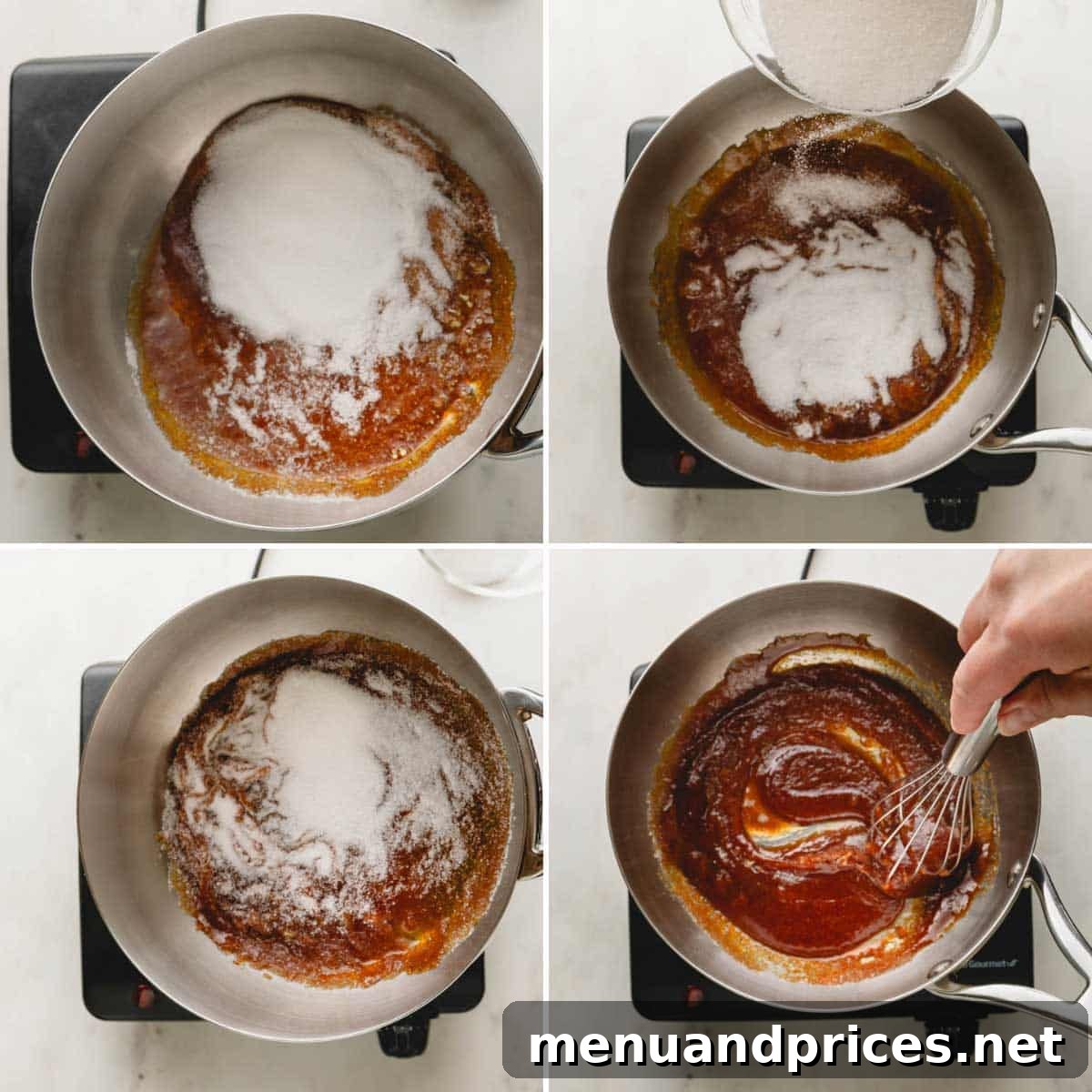 Mastering Dry Caramel Sauce 6 A collage of 4 step-by-step photos illustrating the technique of swirling the pan to mix dry sugar into melted caramel for even melting.