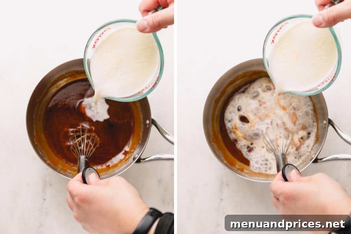 Mastering Dry Caramel Sauce 7 Hot cream being slowly poured into molten caramel, creating a bubbling reaction as it's whisked.