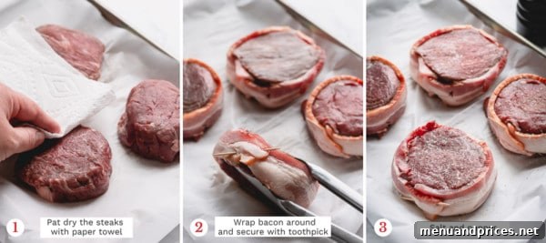 Step by step photos of preparing bacon wrapped filet mignon.