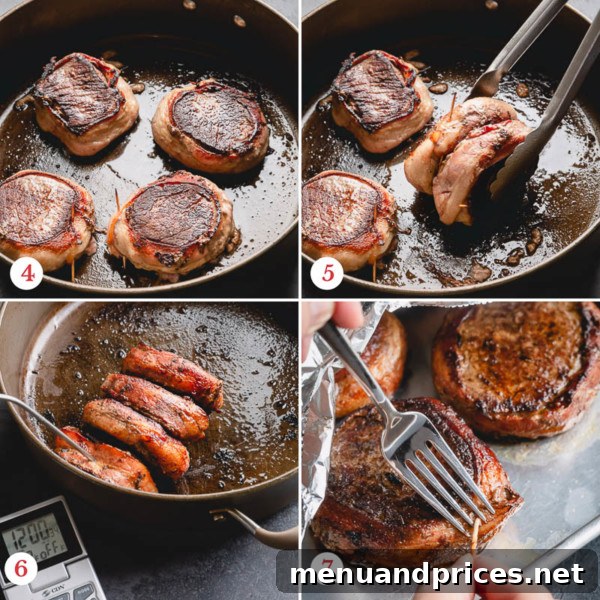 Step by step photos of searing bacon wrapped filet mignons in a skillet.
