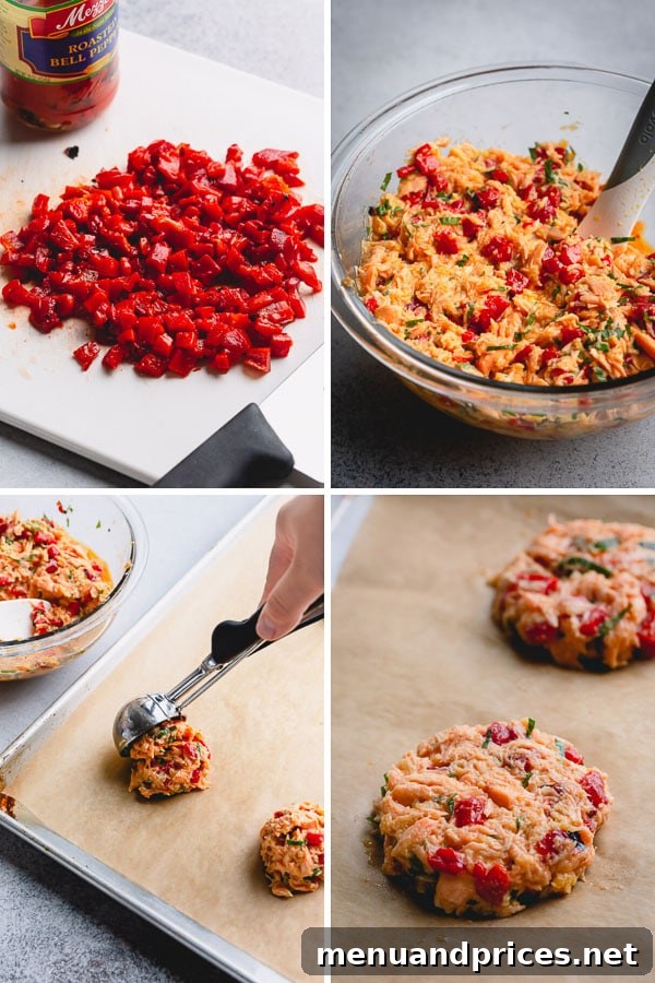 Baked Salmon Cakes are a delicious way to have a healthy but flavorful dinner. Baked, not fried, these perfectly portioned salmon cakes are packed with fresh salmon, roasted red pepper, fresh herbs and zesty Worcestershire sauce! #salmoncakes #salmon #seafood
