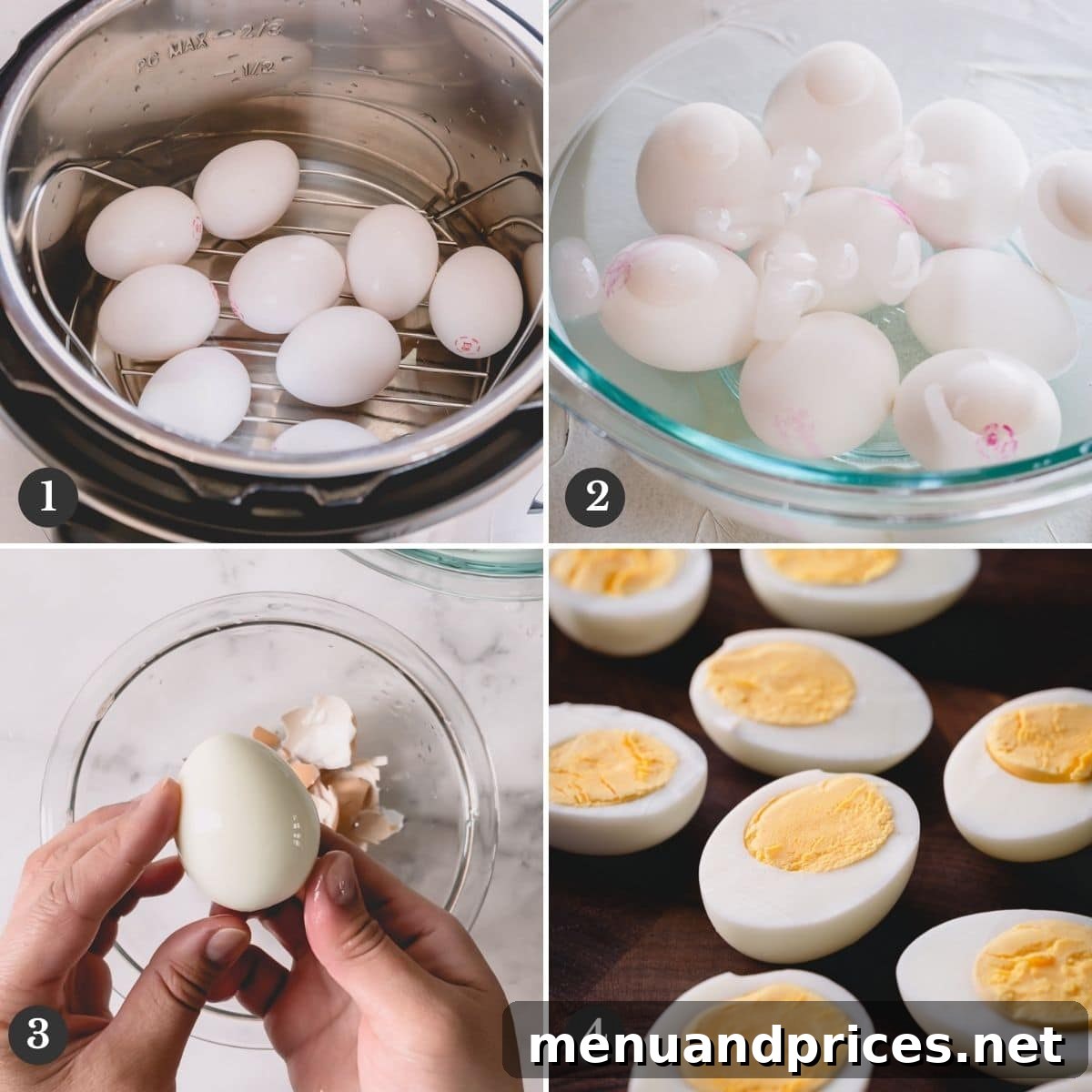 Simple Steps to Irresistible Deviled Eggs 4 A step-by-step visual guide showing hard-boiled eggs being cooked in an Instant Pot, from placing them on a trivet to the final peeled and halved eggs ready for filling.