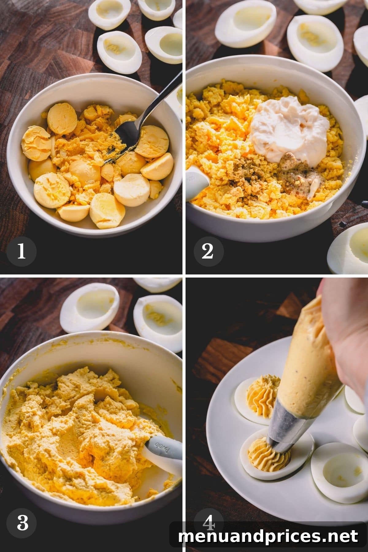 Simple Steps to Irresistible Deviled Eggs 5 A series of step-by-step photos illustrating the process of making deviled egg filling, from mashing yolks and mixing ingredients to piping the creamy mixture into halved egg whites.