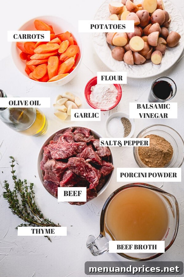 Ultimate Comfort Beef Stew 5 Ingredients for a hearty and flavorful beef stew, including chuck roast, carrots, and porcini powder