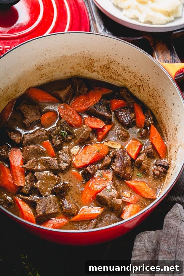 Ultimate Comfort Beef Stew 7 A bowl of the best beef stew, garnished with fresh herbs and ready to serve