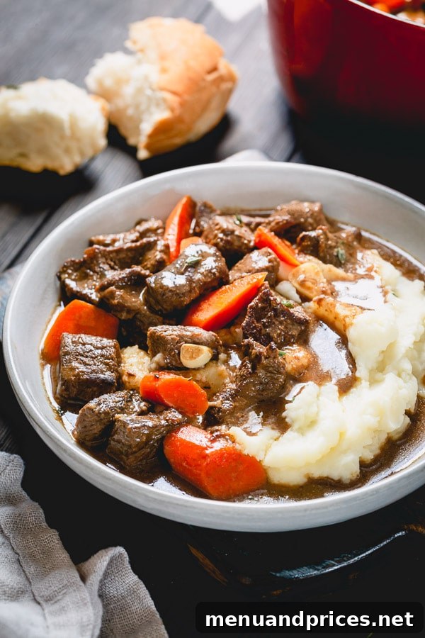 Ultimate Comfort Beef Stew 8 Various serving suggestions for the best beef stew, including mashed potatoes, polenta, and crusty bread