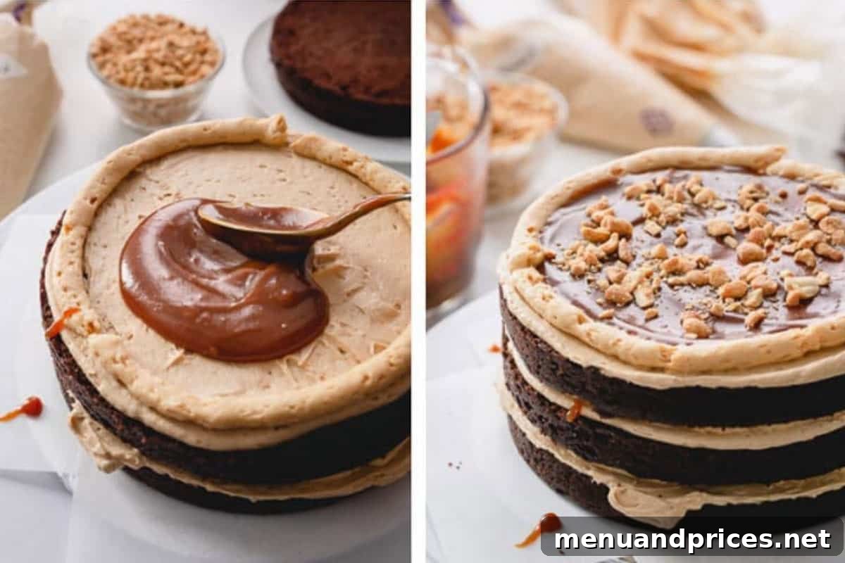 Side by side images of cake layer covered with frosting and dollop of caramel sauce in the middle and caramel sauce spread in the center and sprinkled with crushed peanuts.