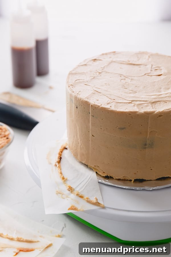 Crumb-coated cake with a parchment paper being pulled out from underneath the cake.