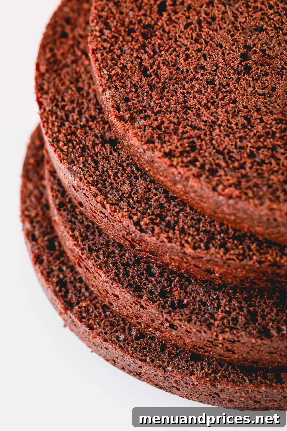 Sliced chocolate cake layers stacked on top of each other.