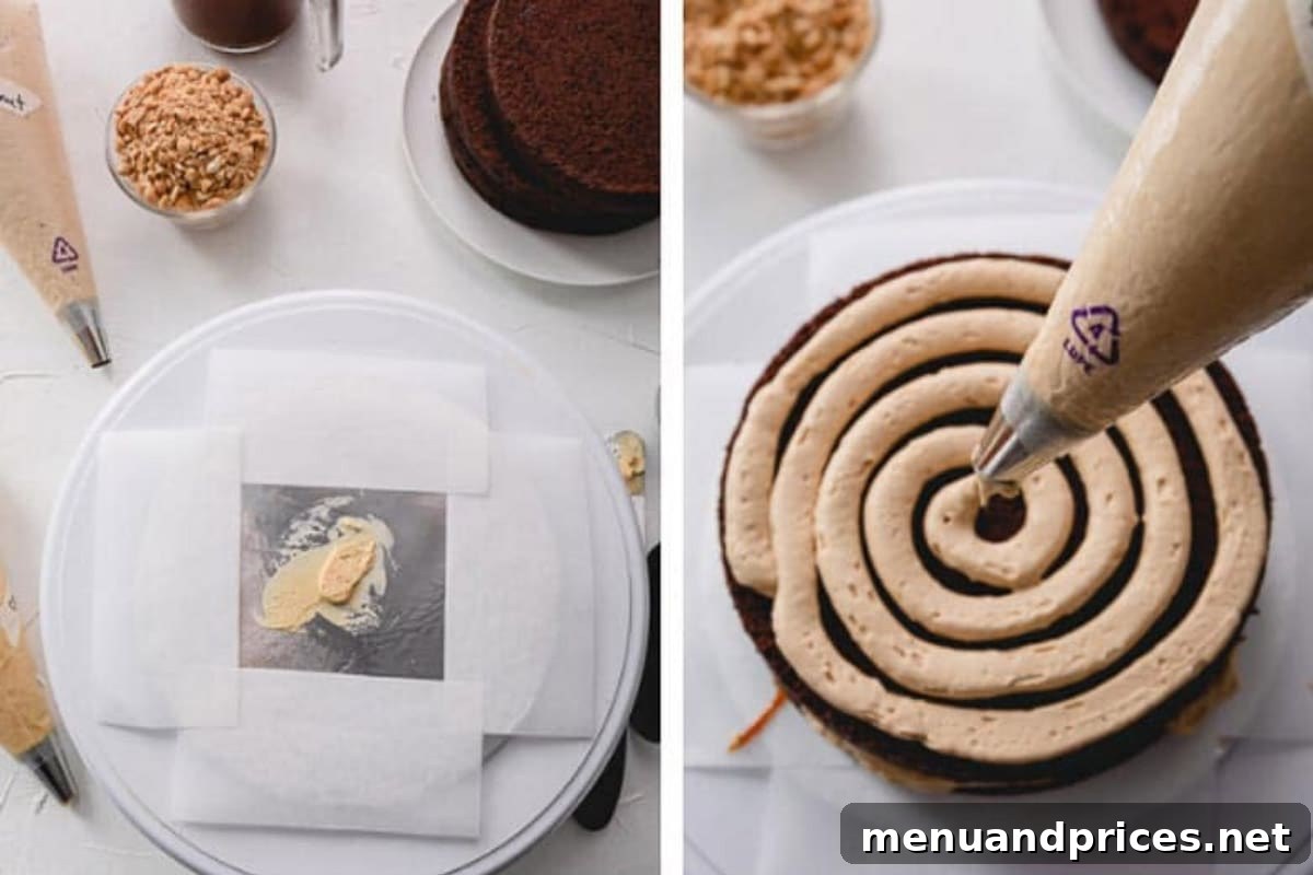 Side by side images of cake board on a cake turner with frosting smear in the middle and 4 parchment paper covering the edges of the board, and a layer of chocolate cake with a frosting piped all over it.