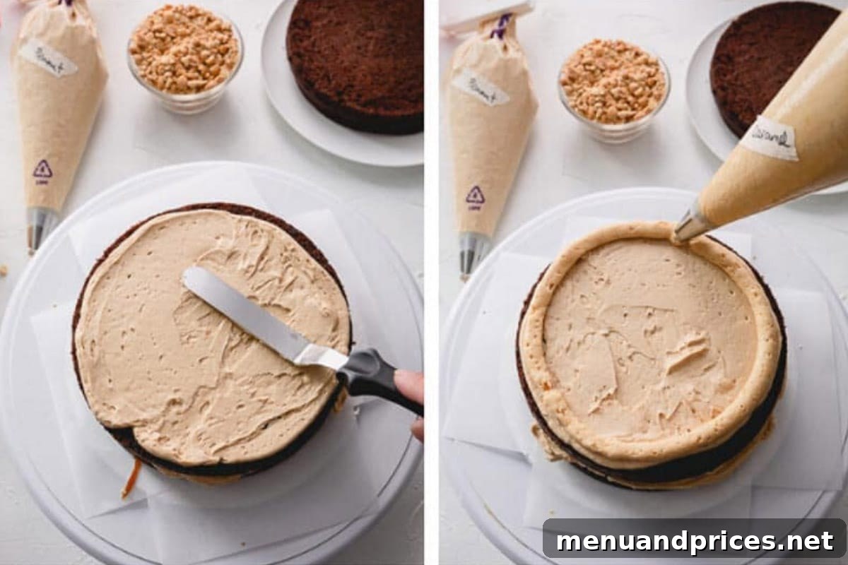 Side by side images of smearing a frosting all over the chocolate cake layer and a border of frosting piped around the edges.