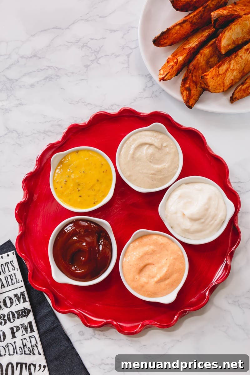 Five irresistible homemade dipping sauces for a variety of snacks, including golden steak fries and crispy chicken nuggets. These versatile recipes are quick to prepare and perfect for any occasion.