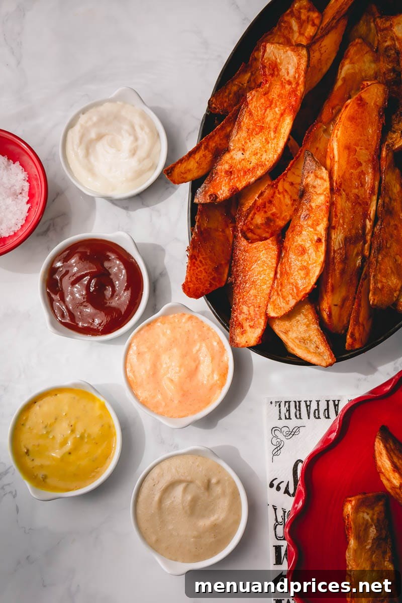 A top-down view of five distinct dipping sauces arranged appealingly in small bowls, each with a spoon, on a rustic wooden background. The image highlights the variety and vibrant colors of the homemade sauces.