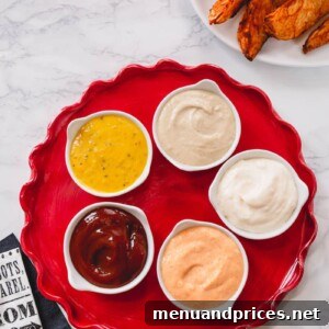 A curated selection of five gourmet dipping sauces, beautifully arranged and ready to serve, showcasing their diverse textures and vibrant colors.