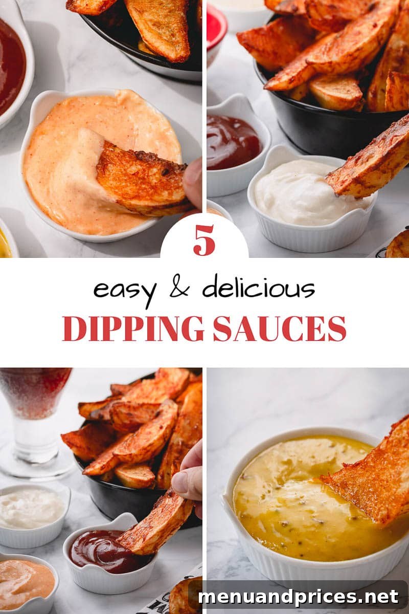 A vibrant collection of five easy homemade dipping sauces, showcasing their creamy textures and appealing colors, ready to accompany a variety of meals and snacks.