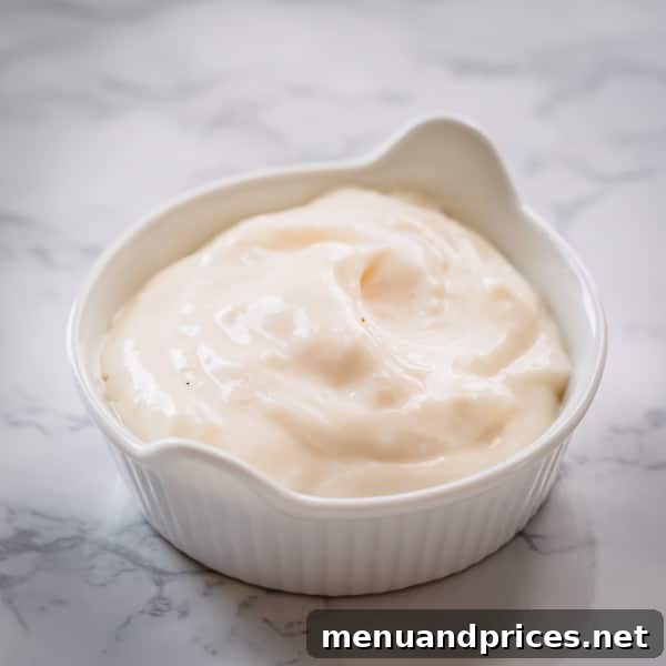 A rustic bowl filled with homemade garlic aioli, showcasing its rich, creamy texture and a subtle hint of lemon. A versatile dip for many dishes.