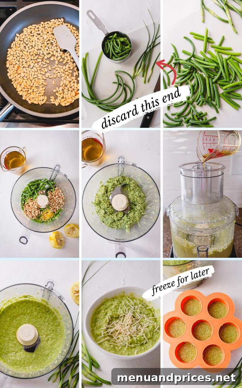 Vibrant Garlic Scapes Pesto from Scratch 3 Step-by-step process of making garlic scapes pesto in a food processor, highlighting the fresh ingredients.