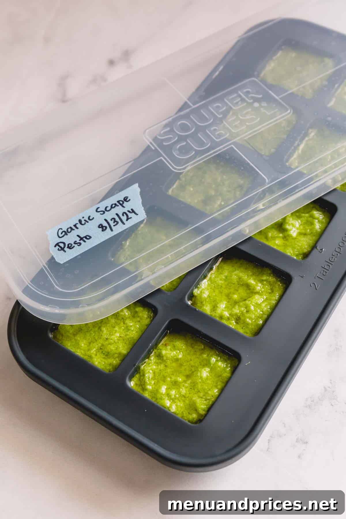 Vibrant Garlic Scapes Pesto from Scratch 7 Fresh garlic scape pesto divided into 2-tablespoon silicone molds, ready for freezing.