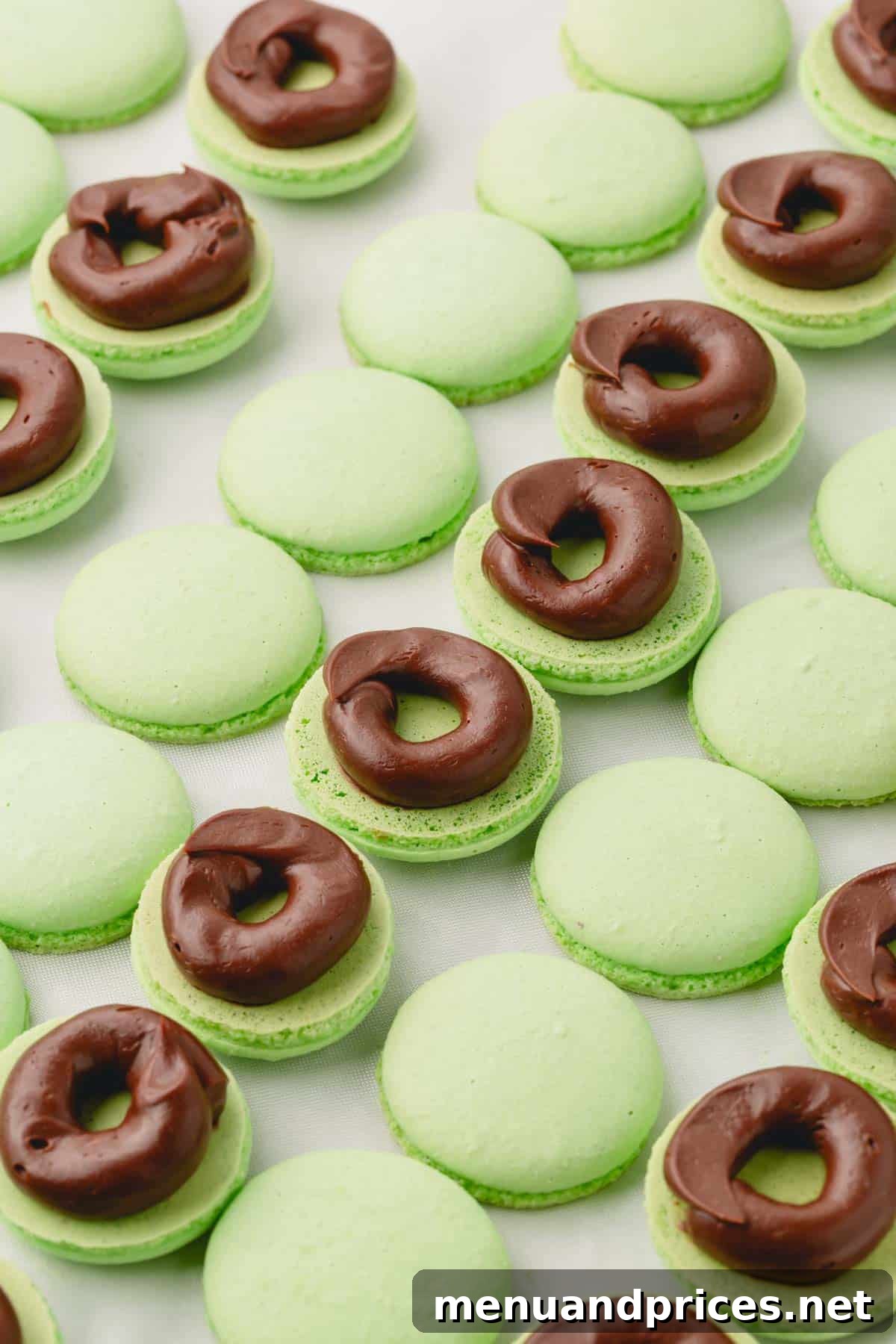 Minty Cocoa Macaron Bliss 20 Green macaron shells arranged with a neatly piped ring of dark chocolate ganache on the bottom side of each shell, awaiting the next layer of filling.