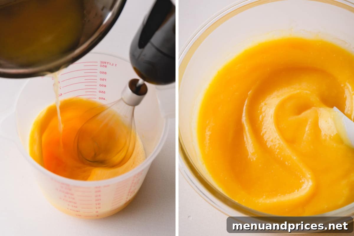 Spiced Carrot Cupcakes 4 A diptych showing the process of making pineapple curd: simmering pineapple juice in a saucepan, and then the finished, vibrant golden curd in a bowl.