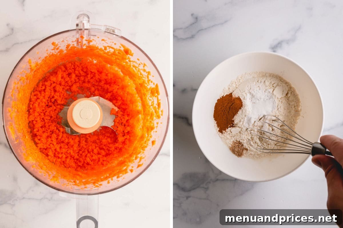Spiced Carrot Cupcakes 5 Left image shows a food processor bowl filled with finely grated carrots, demonstrating the ideal consistency. Right image shows a mixing bowl containing a well-combined mixture of flour and various spices.