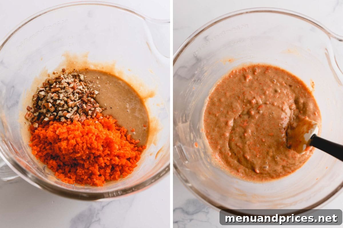 Spiced Carrot Cupcakes 8 Fluffy carrot cake batter in a mixing bowl, generously topped with freshly grated carrots and chopped pecans, ready to be gently folded.