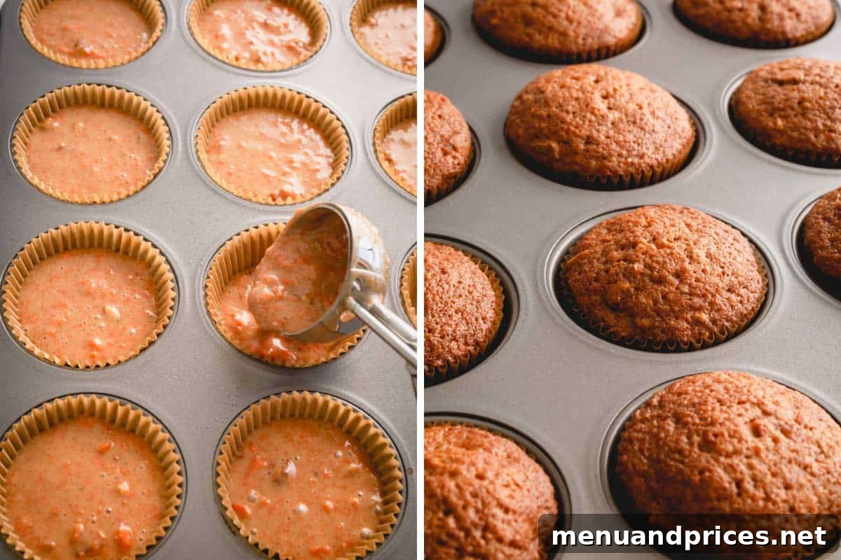 Spiced Carrot Cupcakes 9 A two-part image: left shows cupcake batter being precisely scooped into lined muffin cups; right shows a pan of perfectly golden-brown baked carrot cake cupcakes, fresh from the oven.