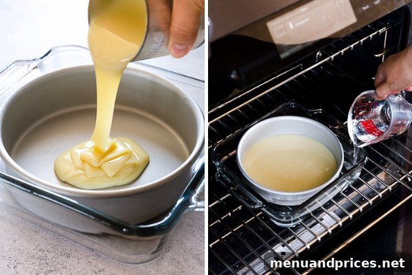 The Secret to Perfect Dulce de Leche 6 Oven method: sweetened condensed milk in a pan, ready for water bath