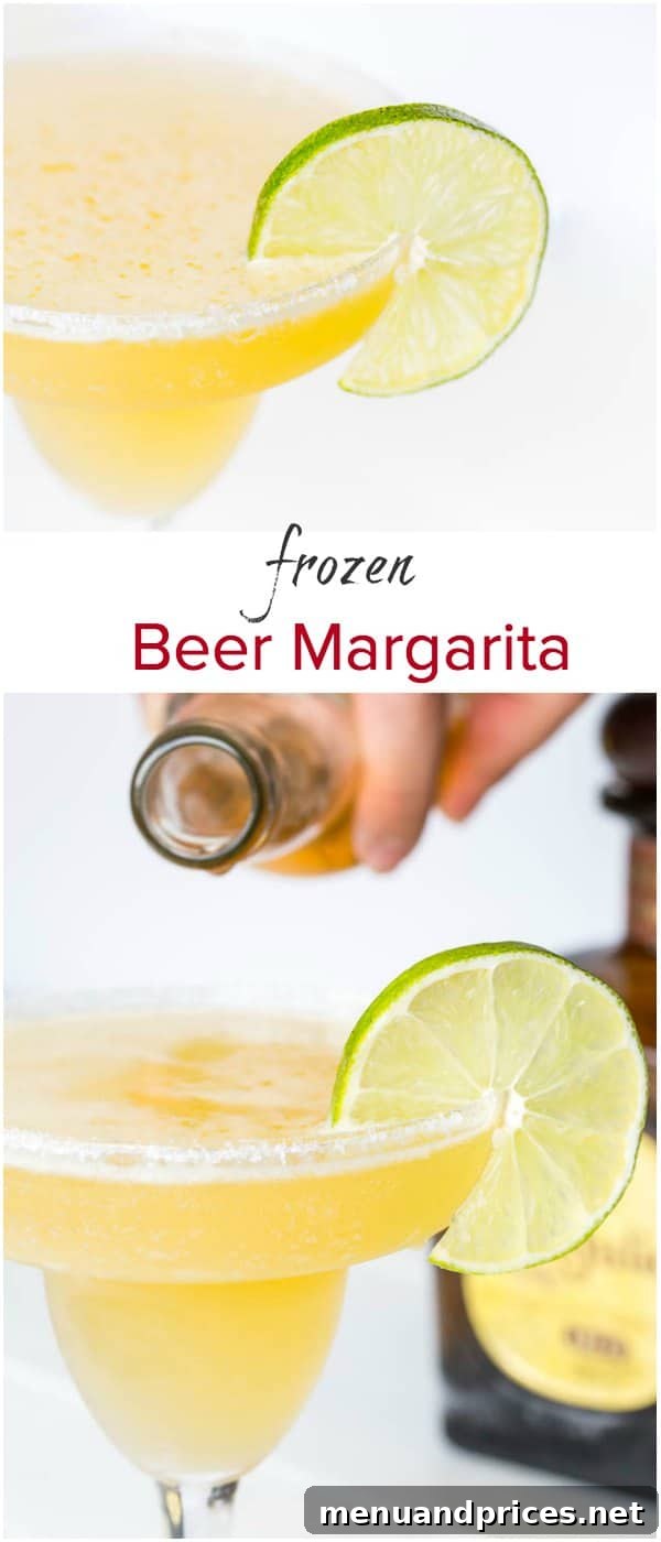 A refreshing batch of frozen beer margaritas ready for a party, topped with an upside-down Corona bottle