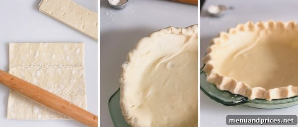No-Fuss Pumpkin Pie Perfection 5 A cook gently pressing a sheet of puff pastry into a pie dish, preparing the crust.