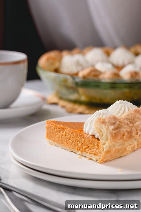 No-Fuss Pumpkin Pie Perfection 8 A festive pumpkin pie adorned with delicate swirls of whipped cream and a sprinkle of cinnamon, ready to be served.