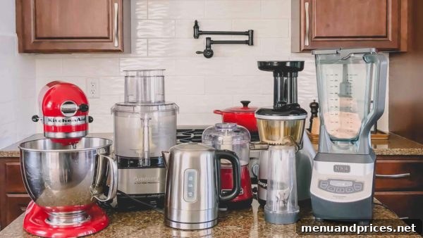 My Kitchen's Mighty Minis 2 My absolute favorite small kitchen appliances are lined up on a the counter - kitchenaid stand mixer, cuisinart food processor, electric water kettle, small chopper, juicer and blender.